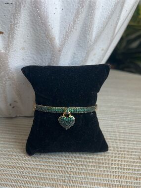 Gold bangle Bracelet with Green Pavé Heart Charm